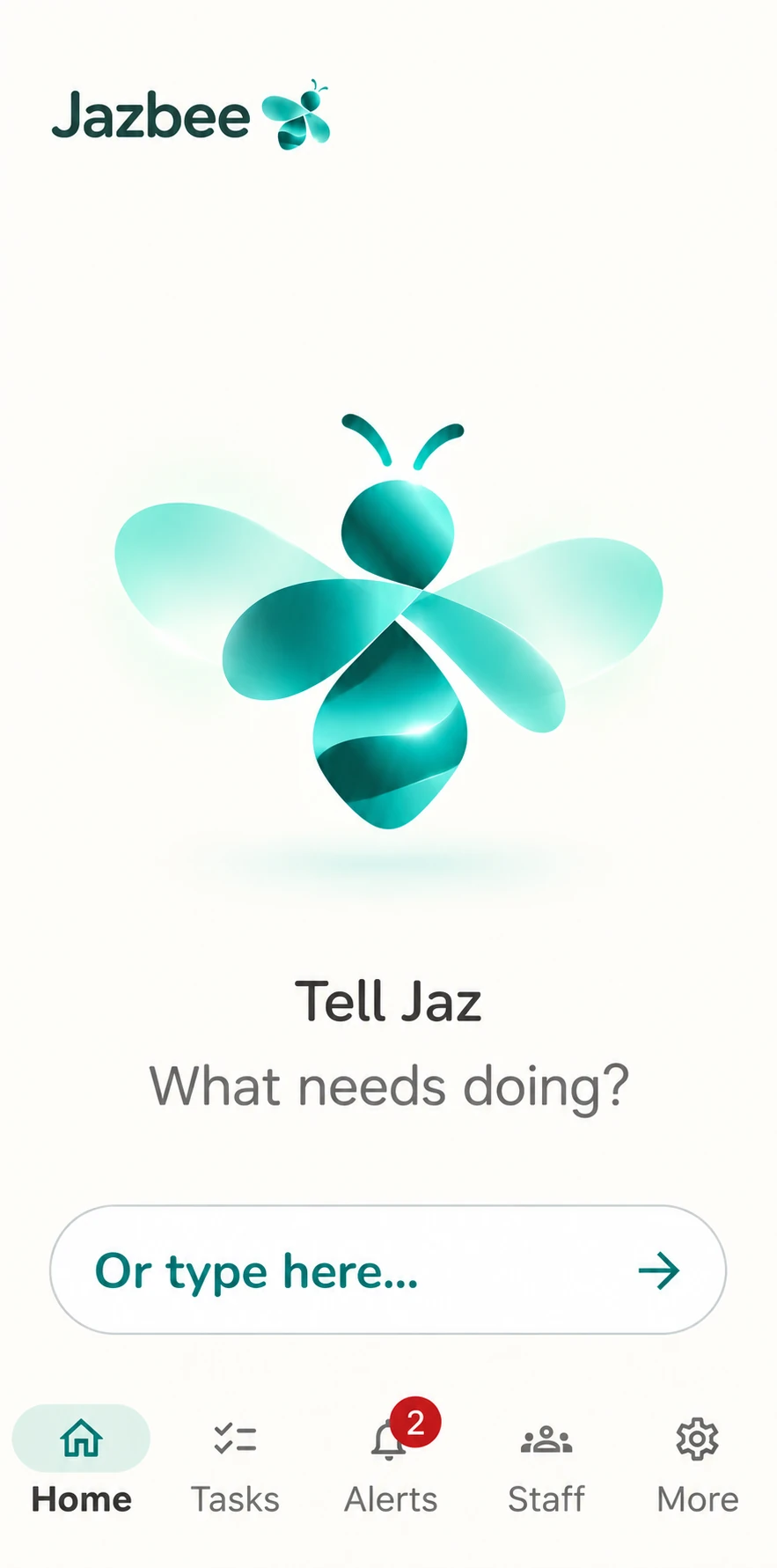 Approved Jazbee home screen showing the teal bee and Tell Jaz invitation